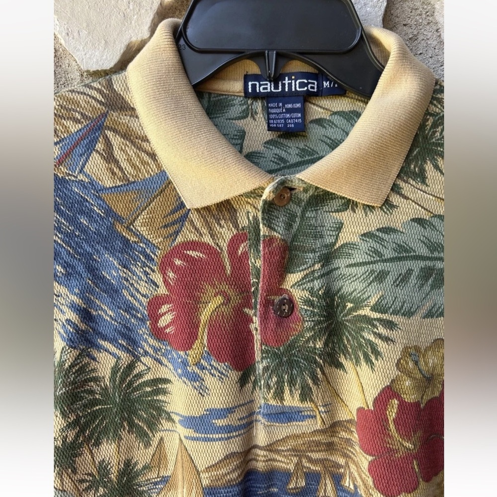 NAUTICA Mens Hawaiian‎ Polo Shirt Medium Tan Multicolor Tropical Floral